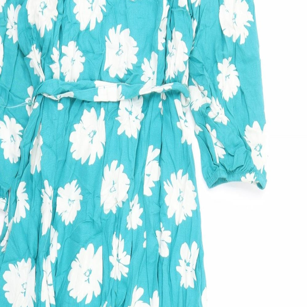 Marks and Spencer Womens Green Floral Viscose Shirt Dress Size 24 Collared Button