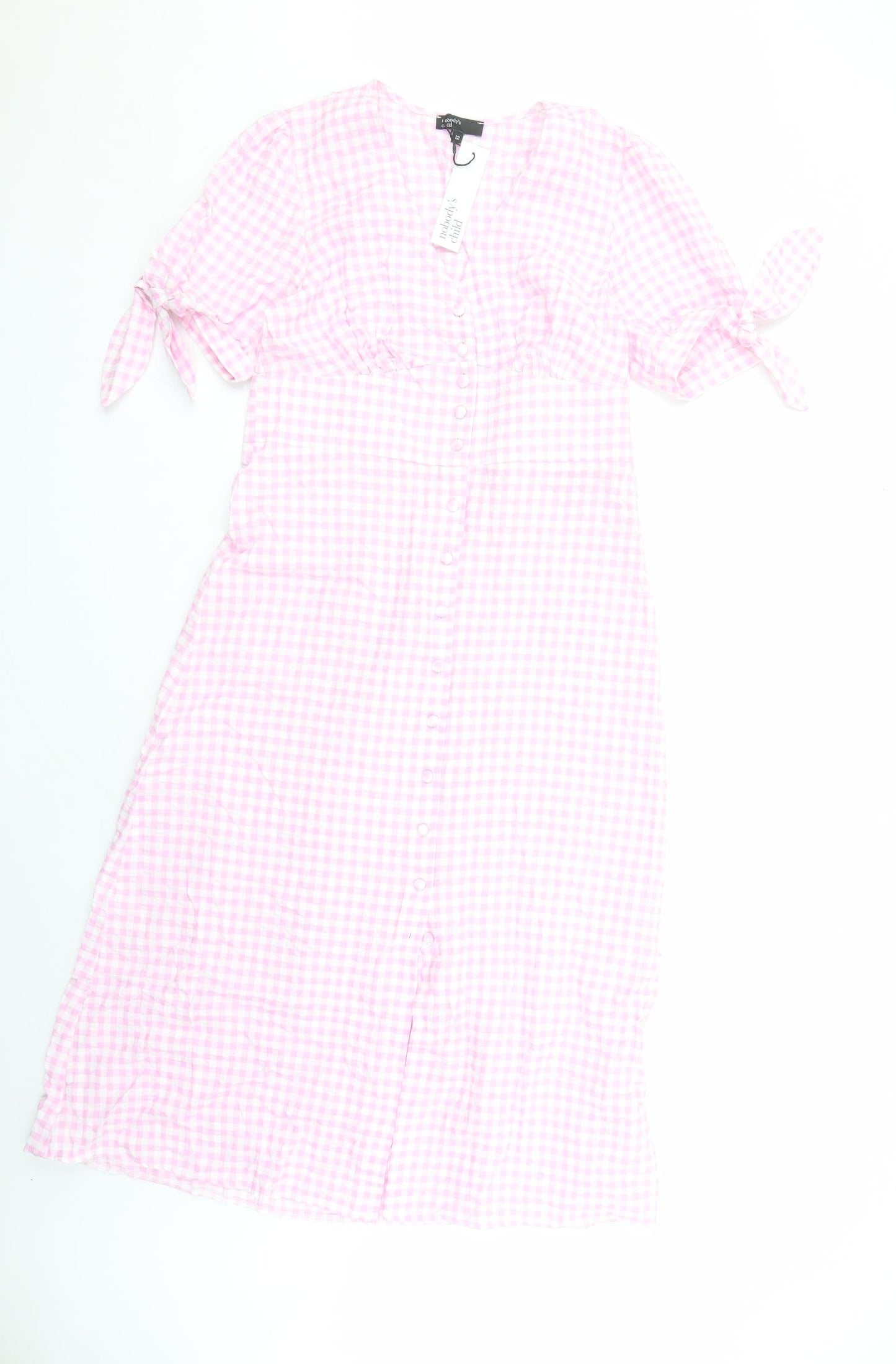 Nobody's Child Womens Pink Gingham Cotton A-Line Size 12 V-Neck Button