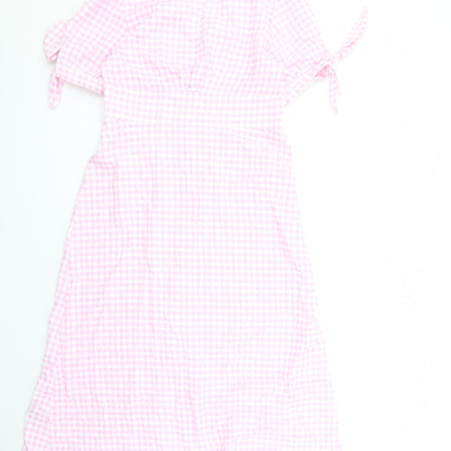 Nobody's Child Womens Pink Gingham Cotton A-Line Size 12 V-Neck Button