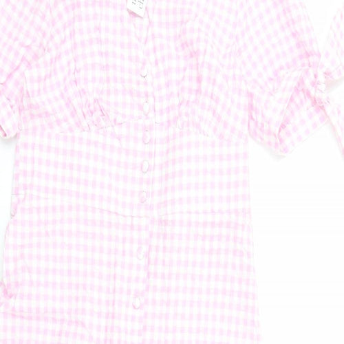 Nobody's Child Womens Pink Gingham Cotton A-Line Size 12 V-Neck Button