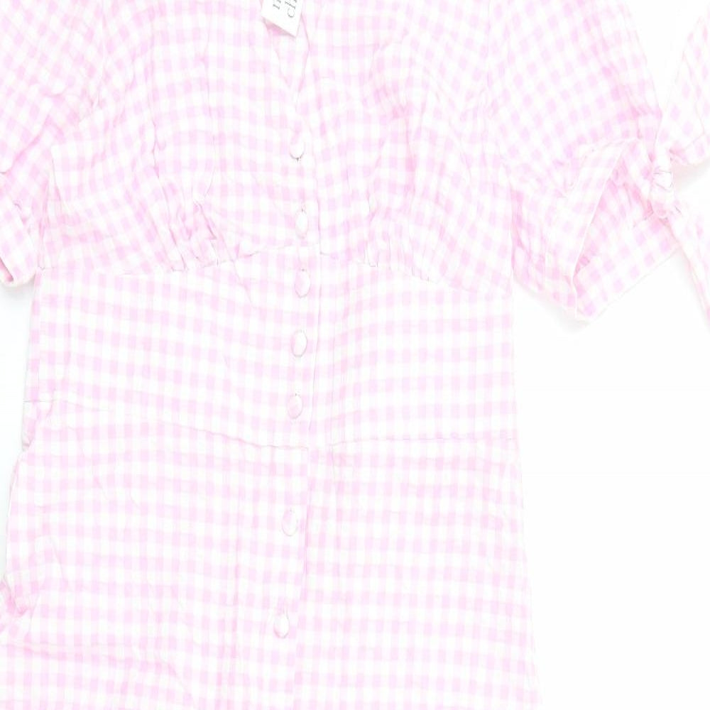 Nobody's Child Womens Pink Gingham Cotton A-Line Size 12 V-Neck Button