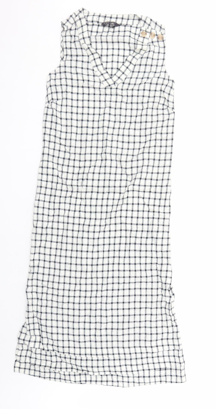 Marks and Spencer Womens White Check Flax A-Line Size 6 V-Neck Zip