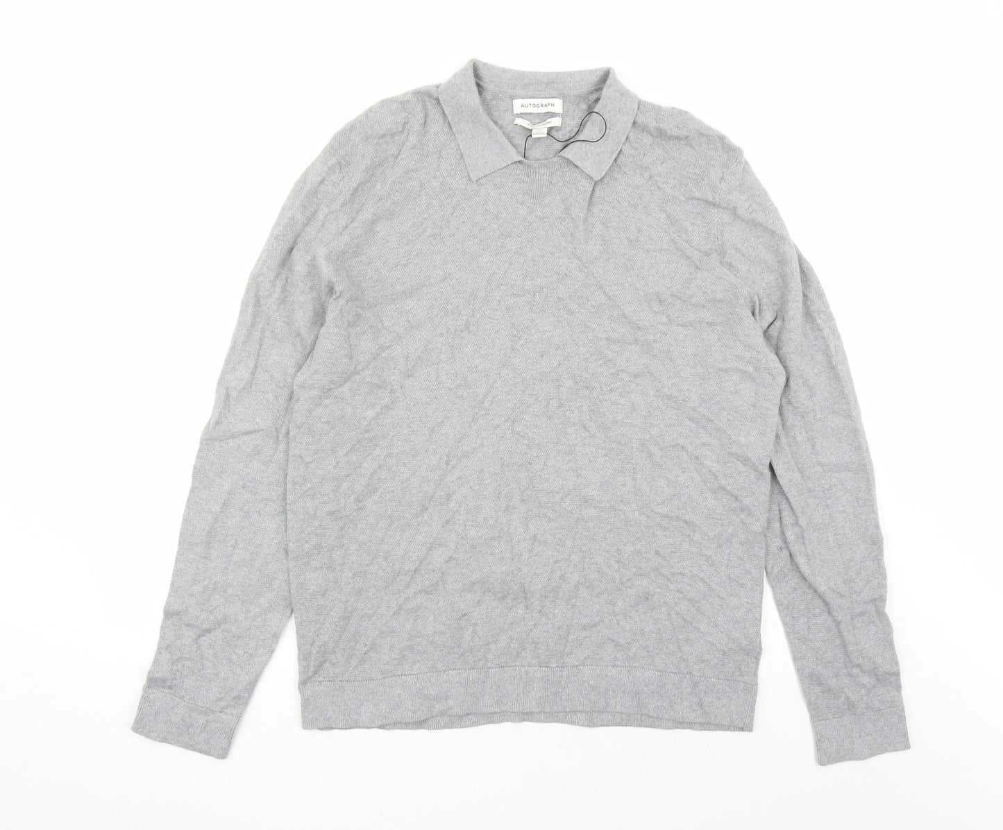 Autograph Mens Grey Collared Cotton Pullover Jumper Size XL Long Sleeve