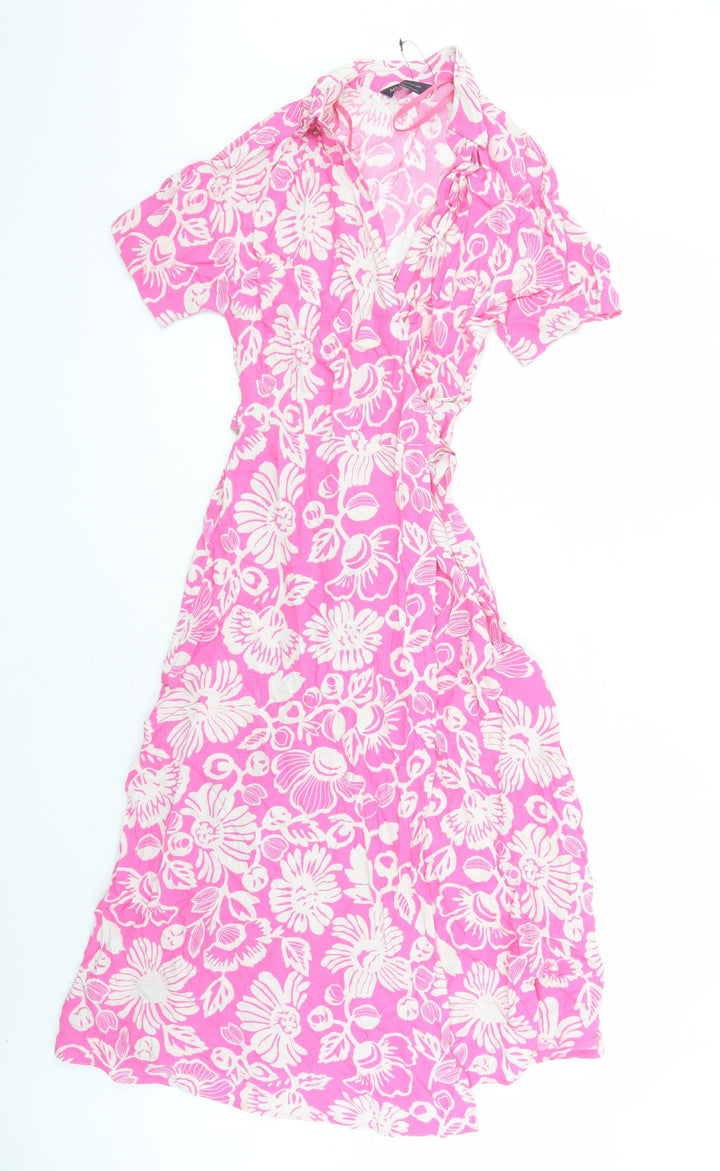Marks and Spencer Womens Pink Floral Viscose Wrap Dress Size 6 Collared Tie