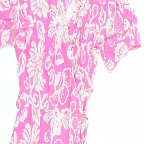 Marks and Spencer Womens Pink Floral Viscose Wrap Dress Size 6 Collared Tie