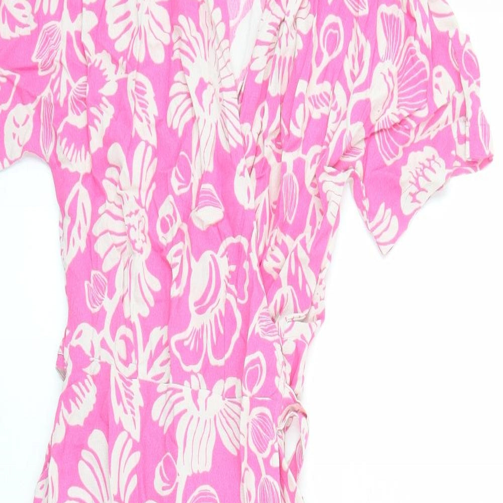 Marks and Spencer Womens Pink Floral Viscose Wrap Dress Size 6 Collared Tie