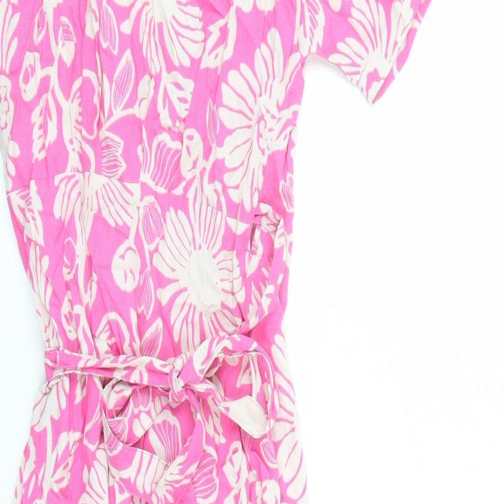 Marks and Spencer Womens Pink Floral Viscose Wrap Dress Size 6 Collared Tie