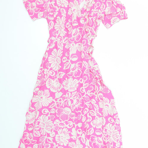 Marks and Spencer Womens Pink Floral Viscose Wrap Dress Size 6 Collared Tie