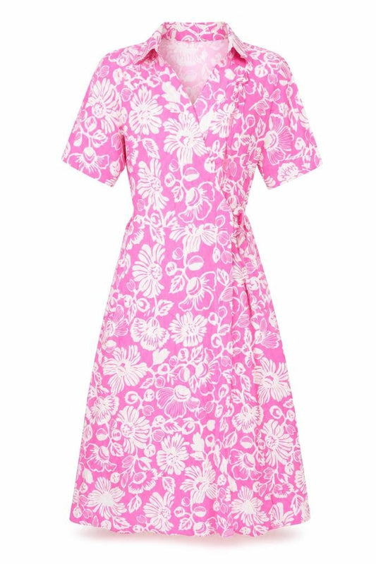 Front view of Marks & Spencer women’s pink floral viscose wrap dress, size UK 6, collared tie