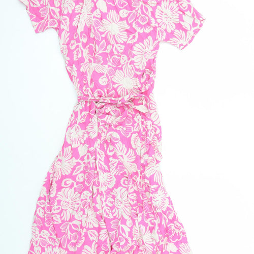Marks and Spencer Womens Pink Floral Viscose Wrap Dress Size 6 Collared Tie