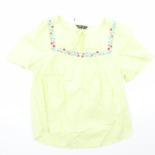 Marks and Spencer Womens Yellow Cotton Basic Blouse Size 10 Round Neck - Embroidered Flowers