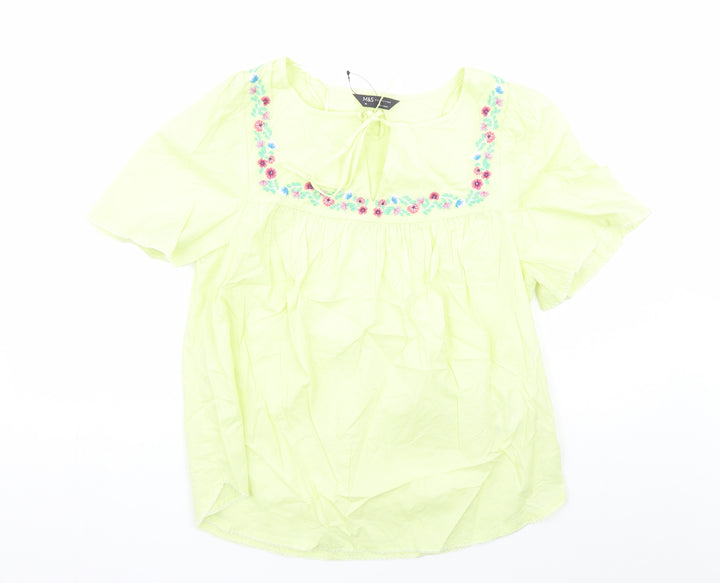 Marks and Spencer Womens Yellow Cotton Basic Blouse Size 10 Round Neck - Embroidered Flowers