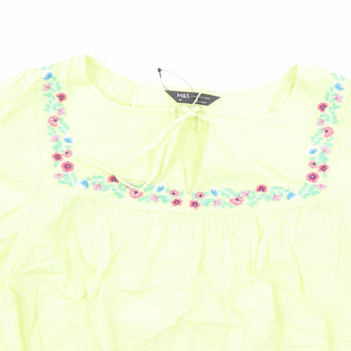 Marks and Spencer Womens Yellow Cotton Basic Blouse Size 10 Round Neck - Embroidered Flowers