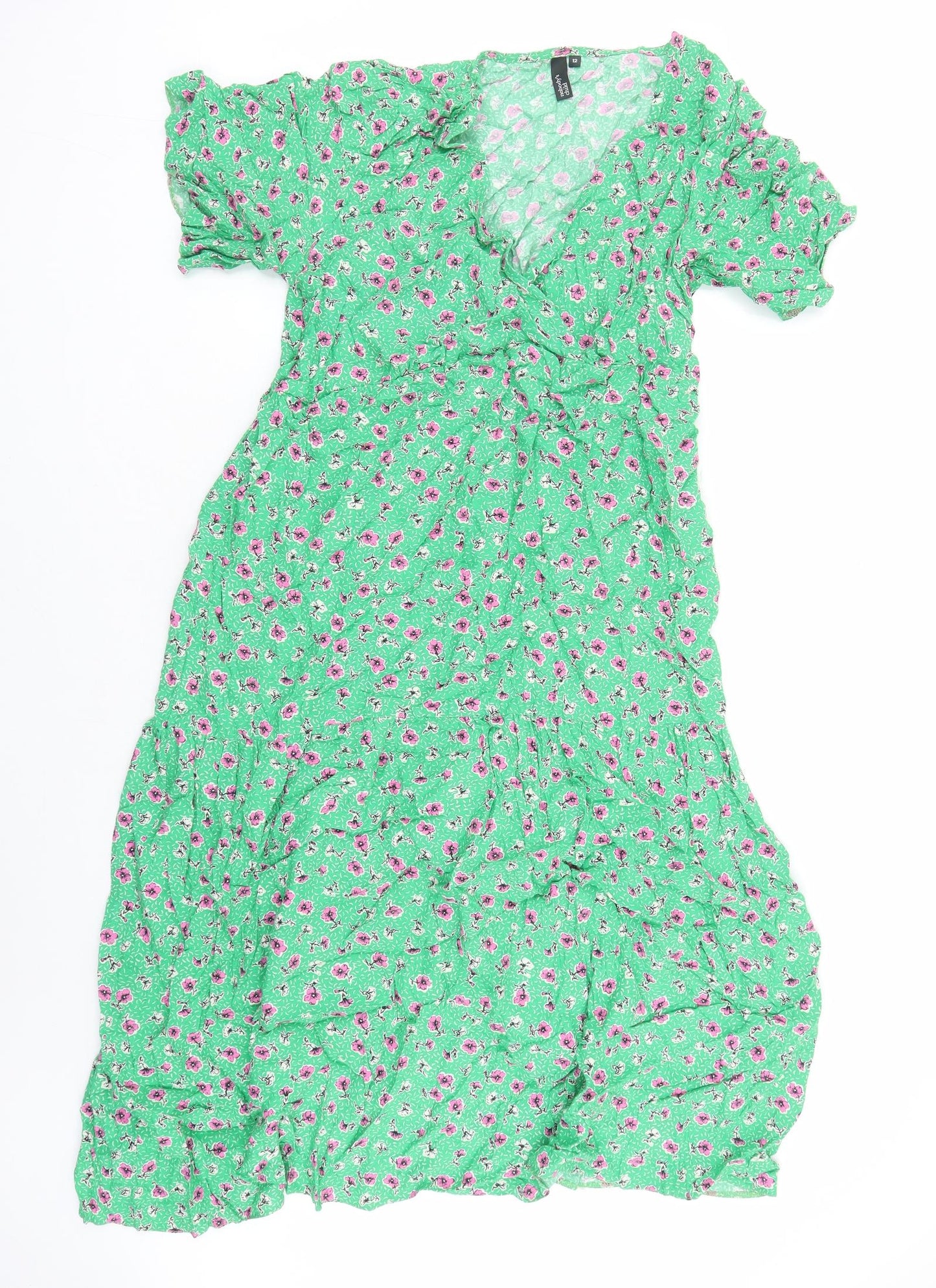 Nobody's Child Womens Green Floral Viscose A-Line Size 12 V-Neck Pullover