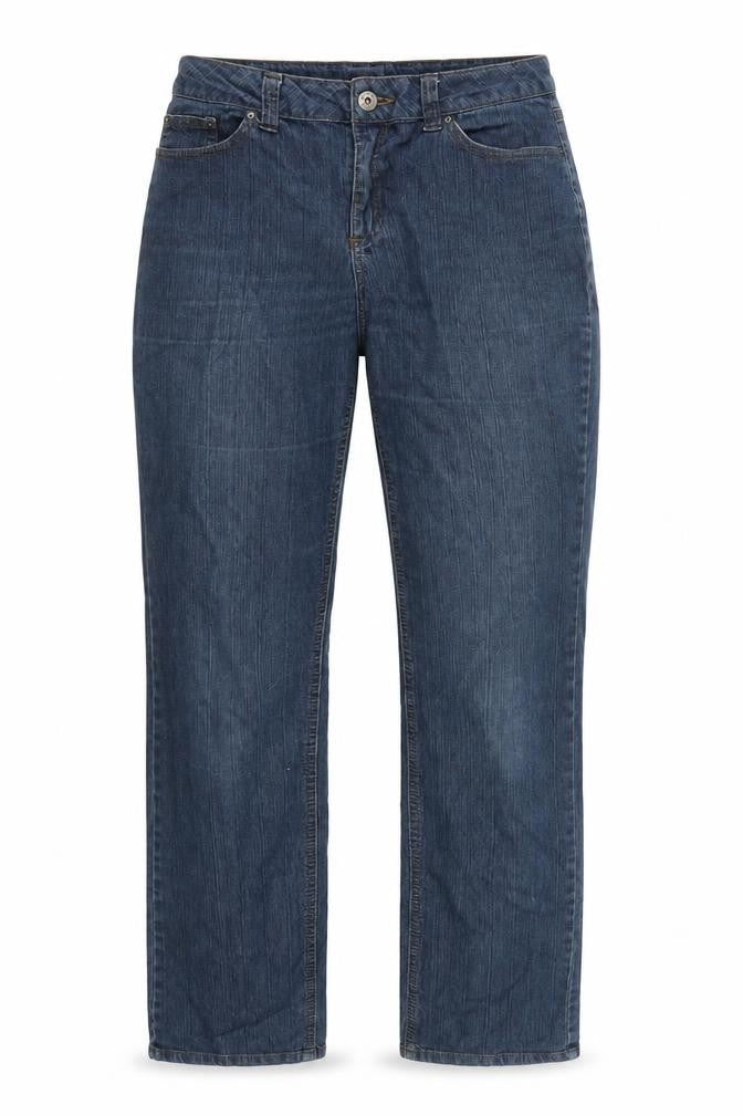 Front view of Now women’s blue cotton straight jeans, size UK 12, 31-inch leg regular zip