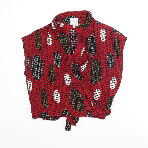 Esprit Womens Red Geometric Viscose Wrap Blouse Size S V-Neck
