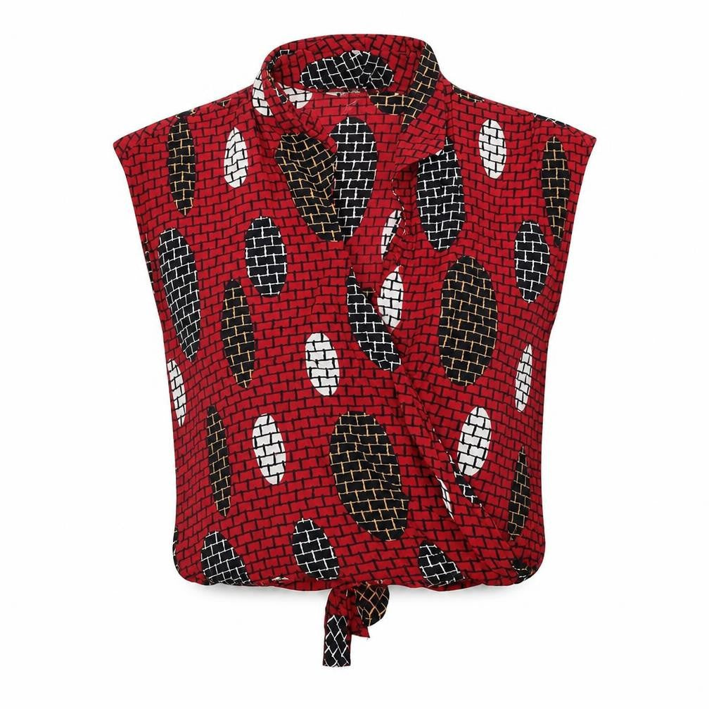 Front view of ESPRIT women’s red geometric viscose wrap blouse, size S, v-neck