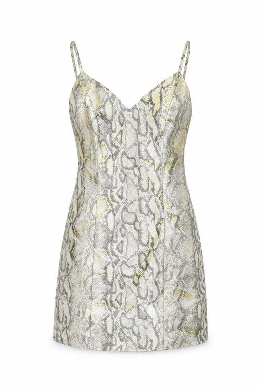 Front view of Topshop women’s gold animal print polyester mini, size UK 10, sweetheart zip - snake print