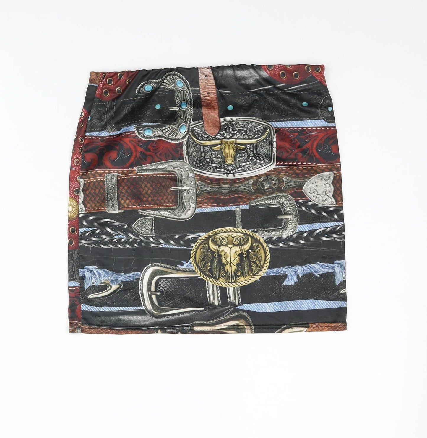 PRETTYLITTLETHING Womens Multicoloured Geometric Polyester Mini Skirt Size 10 - Belt Print