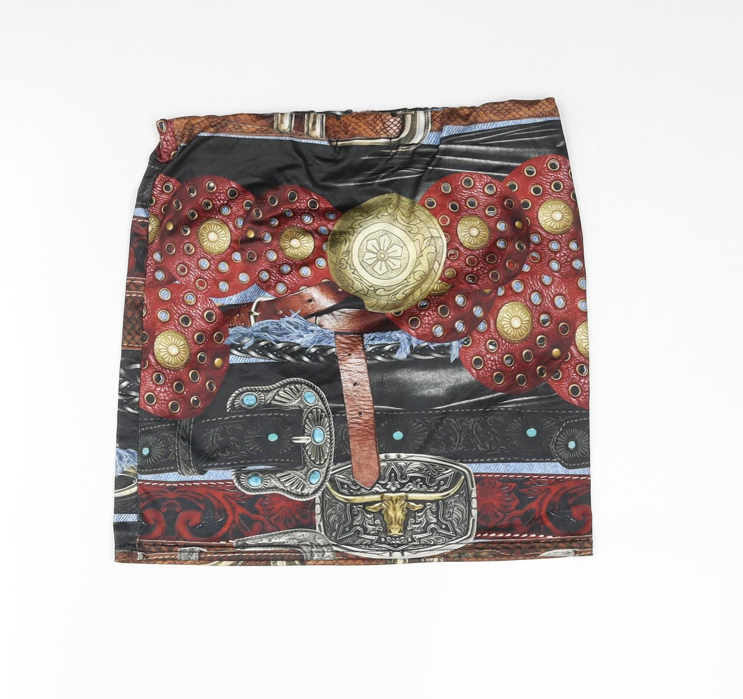 PRETTYLITTLETHING Womens Multicoloured Geometric Polyester Mini Skirt Size 10 - Belt Print