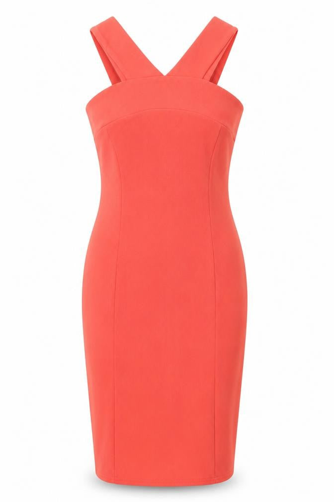 Front view of River Island women’s red polyester bodycon, size UK 8, halter zip