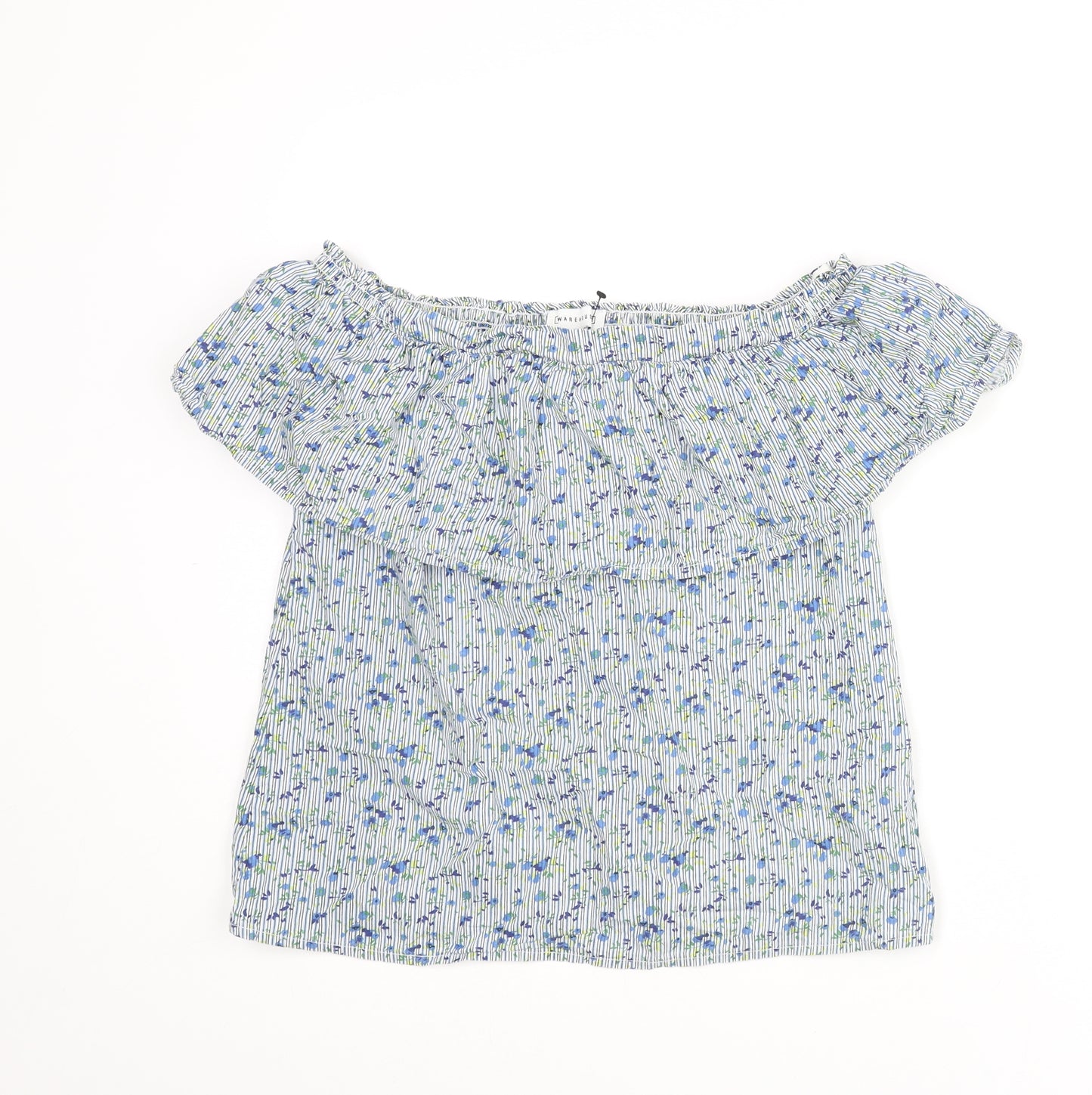 Warehouse Womens Blue Floral Cotton Basic Blouse Size 8 Off the Shoulder