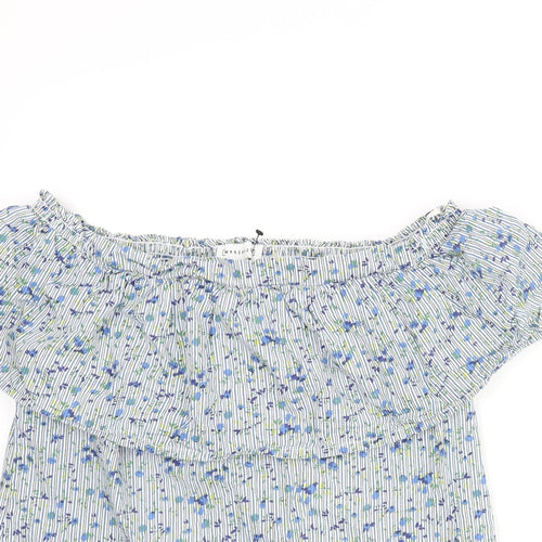 Warehouse Womens Blue Floral Cotton Basic Blouse Size 8 Off the Shoulder