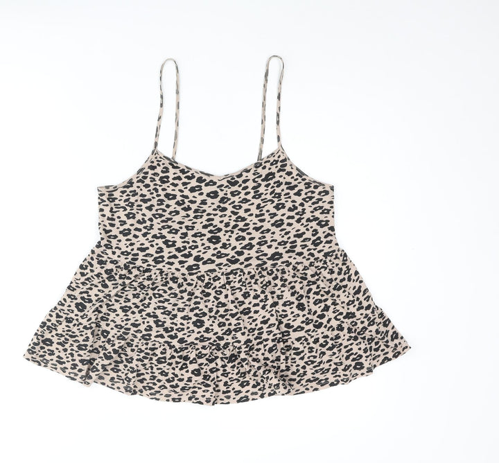 New Look Womens Beige Animal Print Cotton Camisole Tank Size 8 Scoop Neck - Peplum Leopard Print