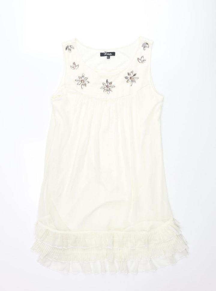 Heaven Womens Ivory Polyester Shift Size 14 Scoop Neck Pullover - Frill Rhinestone