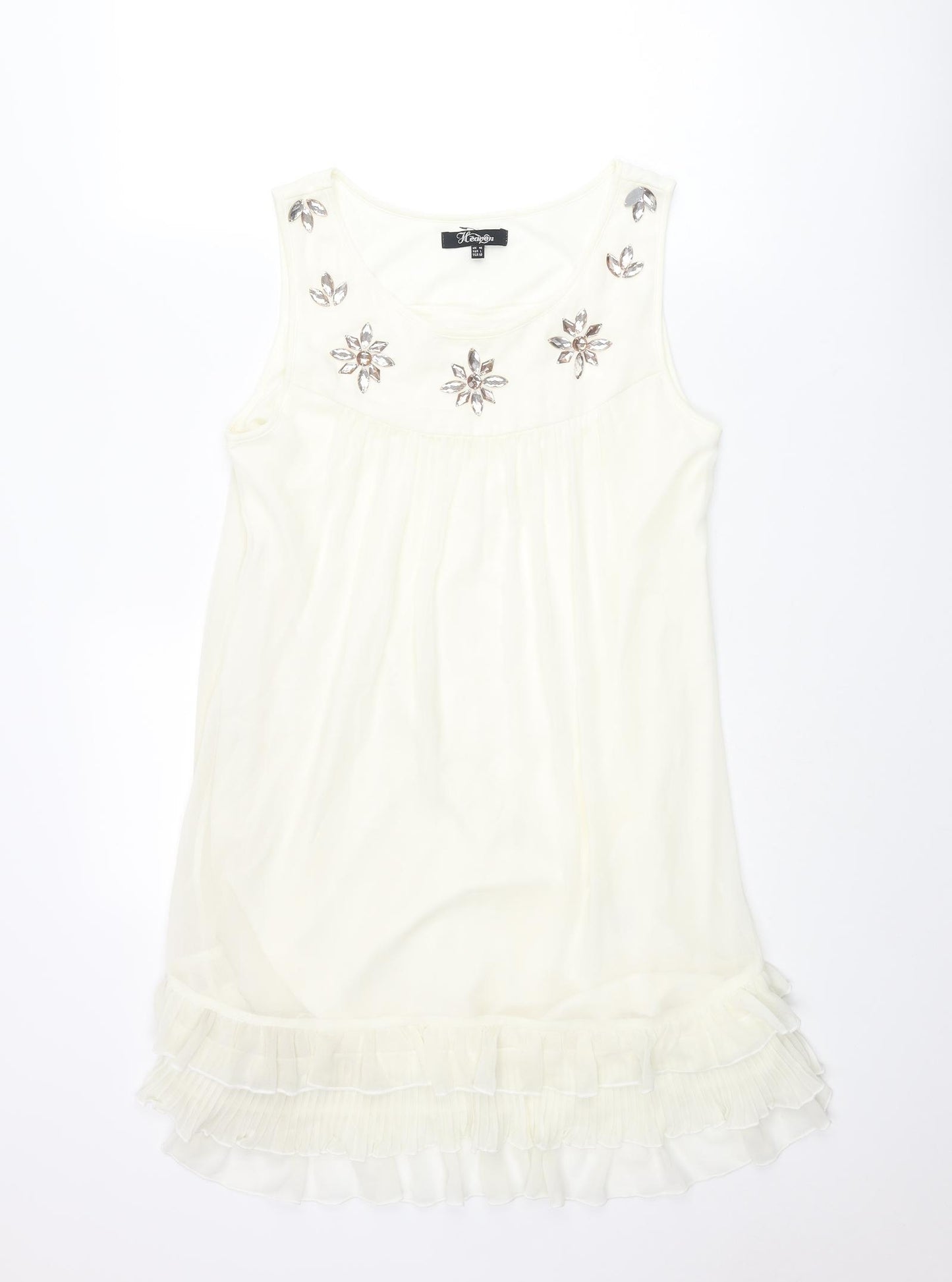 Heaven Womens Ivory Polyester Shift Size 14 Scoop Neck Pullover - Frill Rhinestone