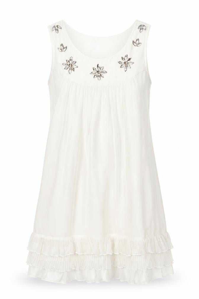 Front view of Heaven women’s ivory polyester shift, size UK 14, scoop neck pullover - frill rhinestone