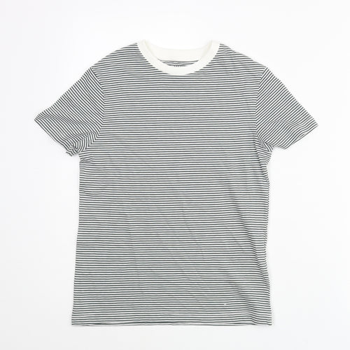 Marks and Spencer Boys Grey Striped Cotton Basic T-Shirt Size 6-7 Years Crew Neck Pullover