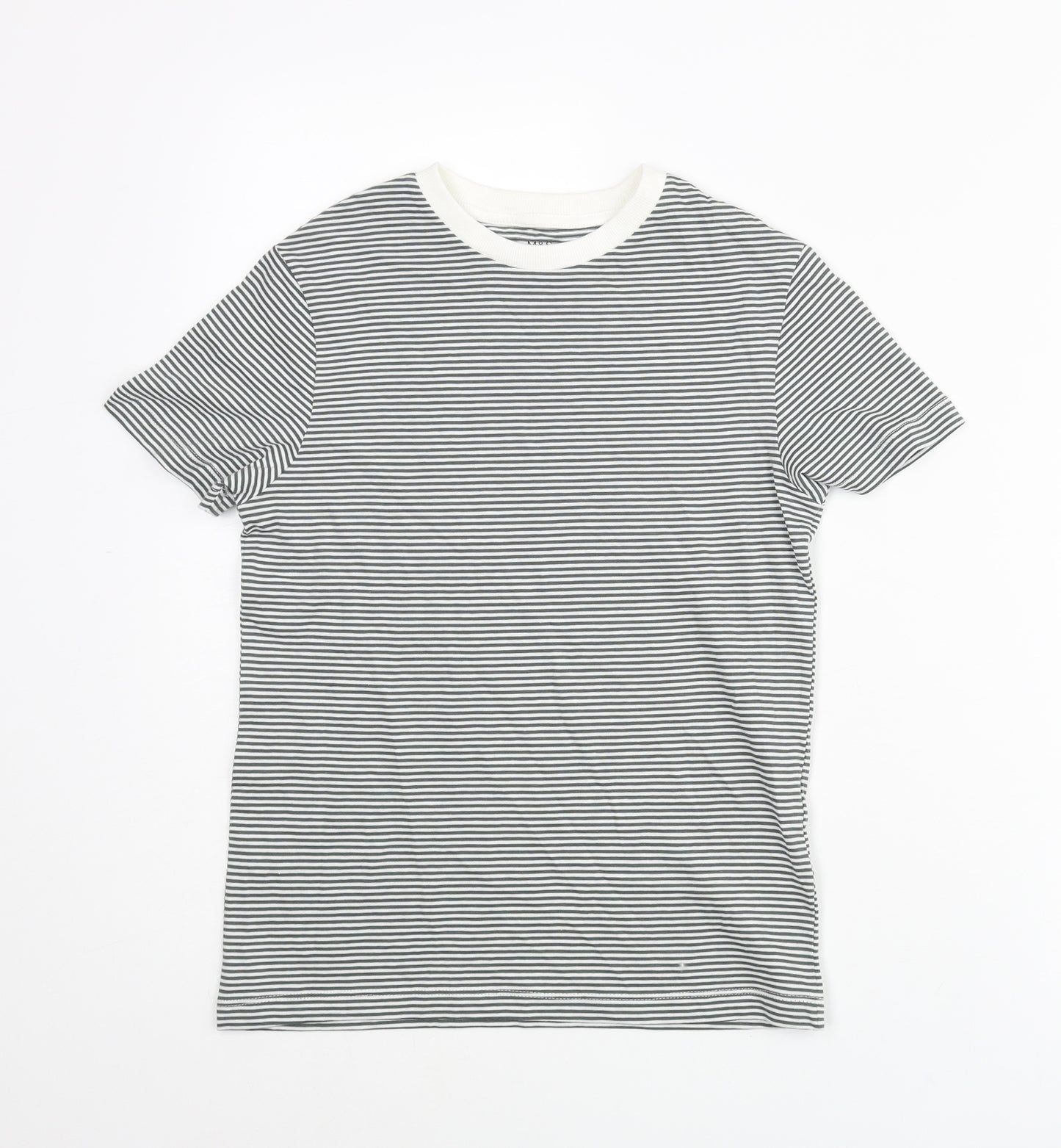 Marks and Spencer Boys Grey Striped Cotton Basic T-Shirt Size 6-7 Years Crew Neck Pullover