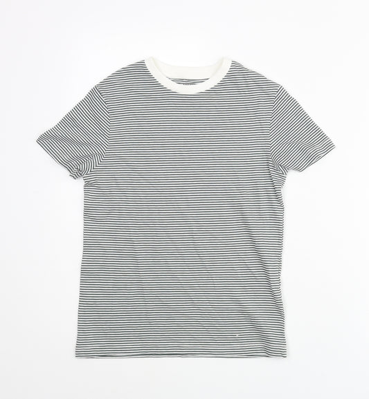 Marks and Spencer Boys Grey Striped Cotton Basic T-Shirt Size 6-7 Years Crew Neck Pullover