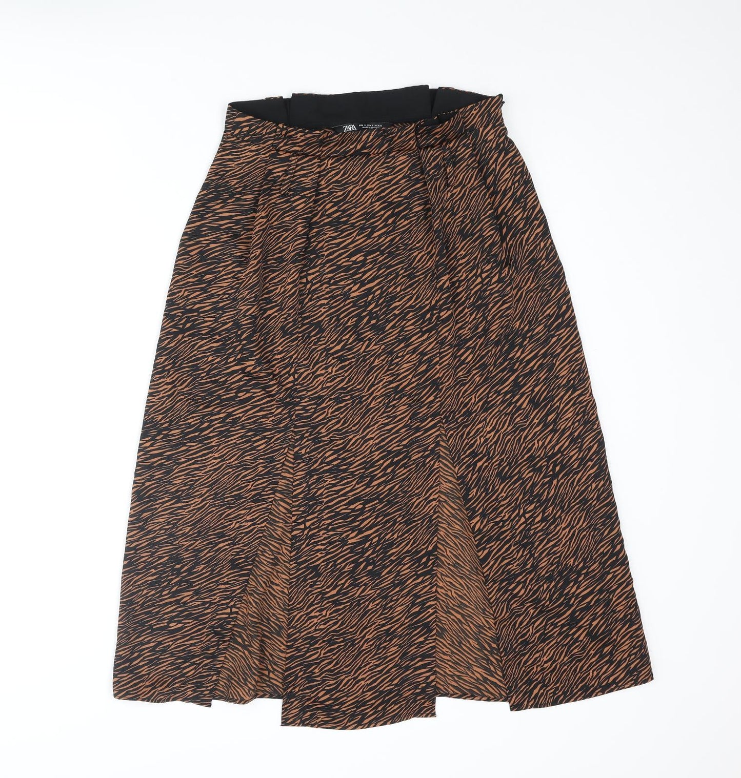 Zara Womens Brown Animal Print Polyester Straight & Pencil Skirt Size S Zip - Front Slit Tiger Print