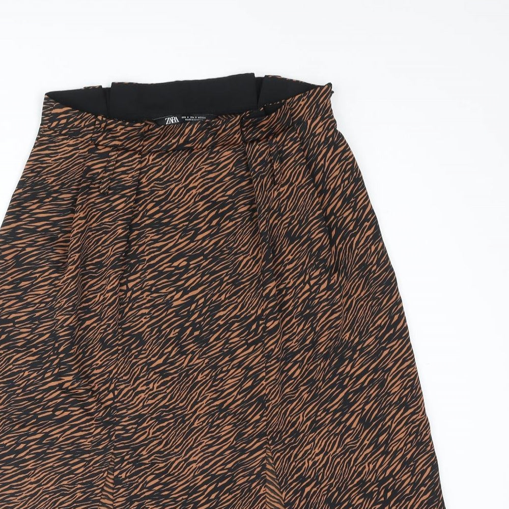 Zara Womens Brown Animal Print Polyester Straight & Pencil Skirt Size S Zip - Front Slit Tiger Print