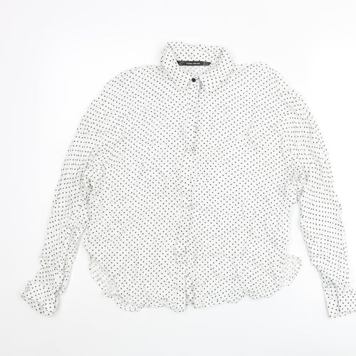 Zara Womens White Polka Dot Polyester Basic Button-Up Size M Collared