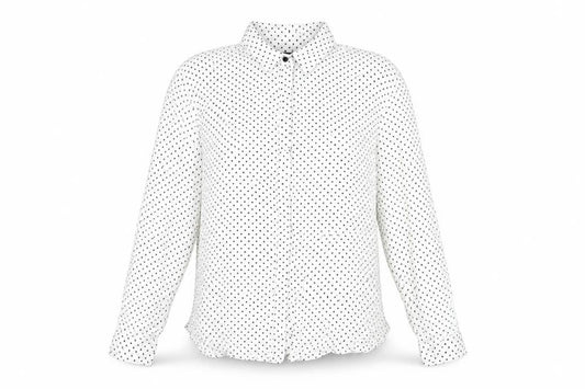 Front view of Zara women’s white polka dot polyester basic button-up, size M, collared