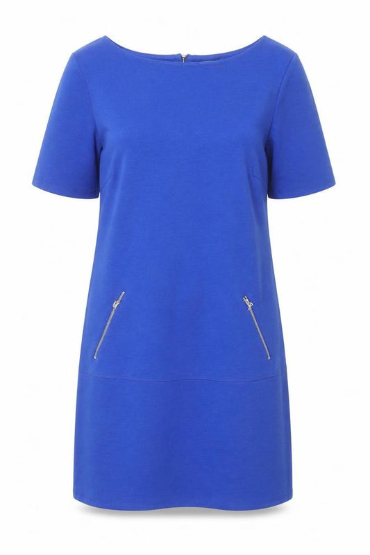 Front view of Wallis women’s blue polyester shift, size UK 12, round neck zip