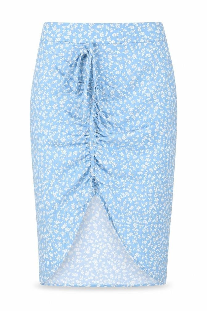 Front view of Cider women’s blue floral polyester straight & pencil skirt, size S, zip - drawstring