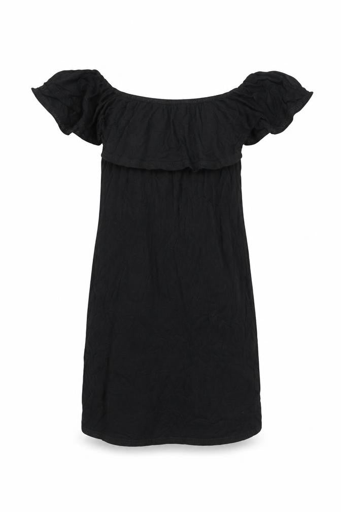 Front view of PRETTYLITTLETHING women’s black viscose mini, size UK 4, off the shoulder pullover - frill