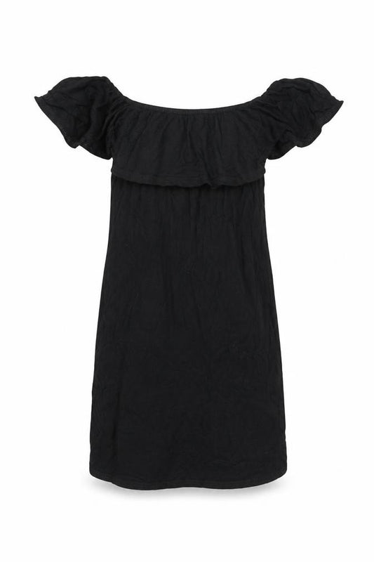 Front view of PRETTYLITTLETHING women’s black viscose mini, size UK 4, off the shoulder pullover - frill