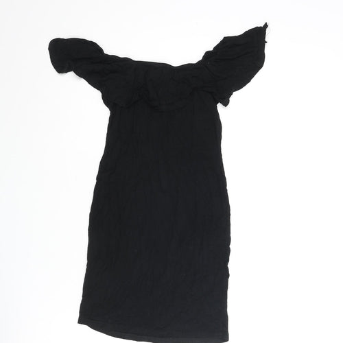 PRETTYLITTLETHING Womens Black Viscose Mini Size 4 Off the Shoulder Pullover - Frill