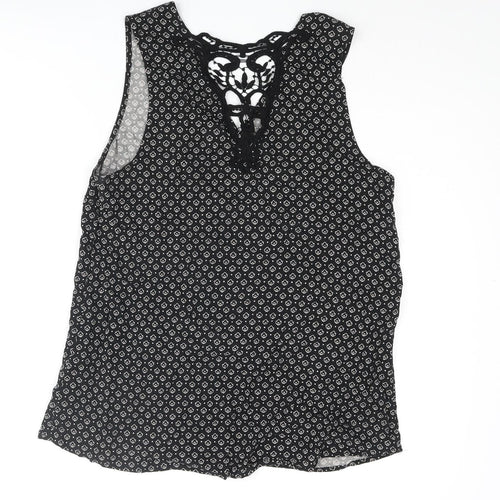 New Look Womens Black Geometric Viscose Camisole Blouse Size 10 Scoop Neck - Lace