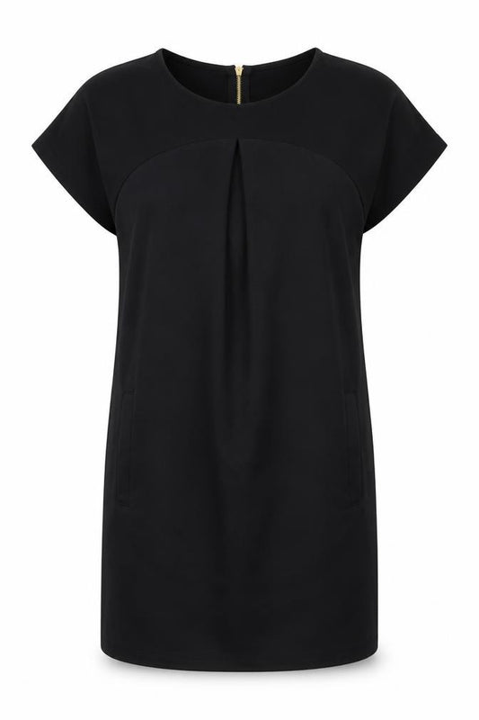 Front view of Warehouse women’s black polyester shift, size UK 10, round neck zip