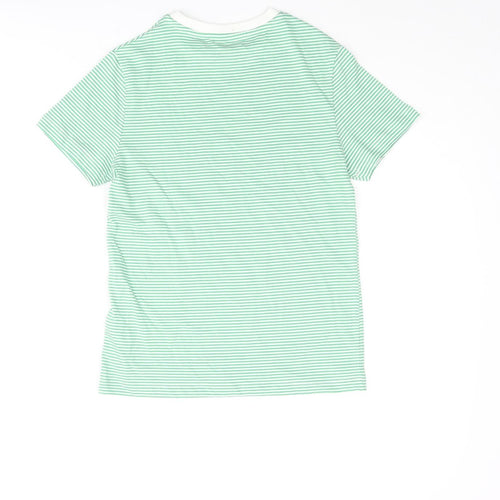 Marks and Spencer Boys Green Striped Cotton Basic T-Shirt Size 8-9 Years Crew Neck Pullover