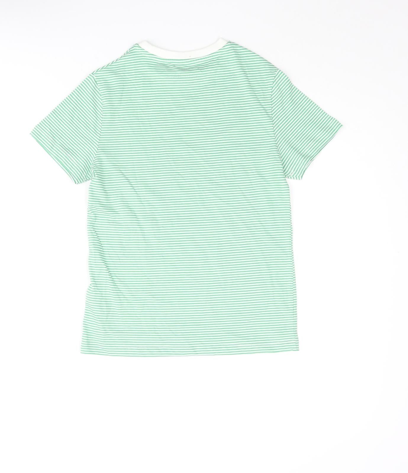 Marks and Spencer Boys Green Striped Cotton Basic T-Shirt Size 8-9 Years Crew Neck Pullover