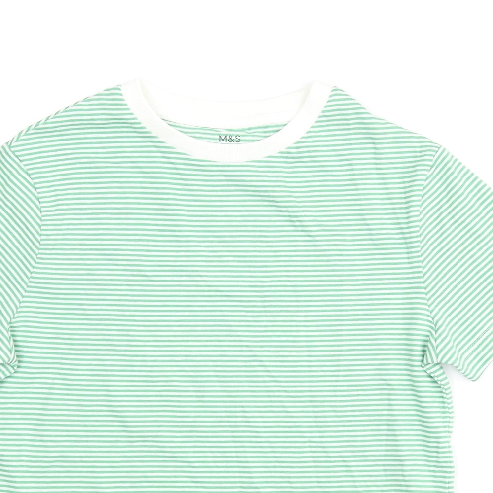 Marks and Spencer Boys Green Striped Cotton Basic T-Shirt Size 8-9 Years Crew Neck Pullover