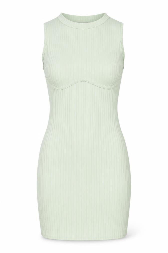 Front view of PRETTYLITTLETHING women’s green polyester bodycon, size UK 10, mock neck pullover - ribbed