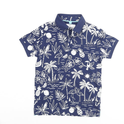 Marks and Spencer Boys Blue Geometric Cotton Basic Polo Size 5-6 Years Collared Button - Palm Tree Flamingo Flower